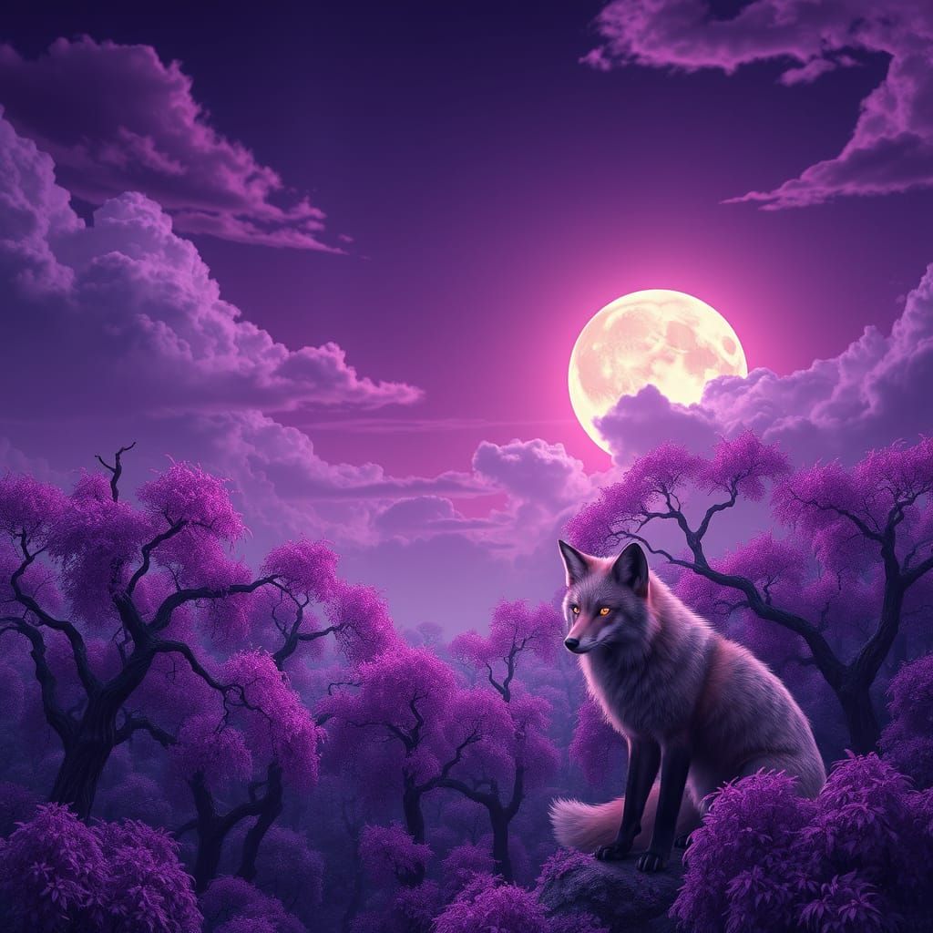 Regal Purple Night Sky with Majestic Fox