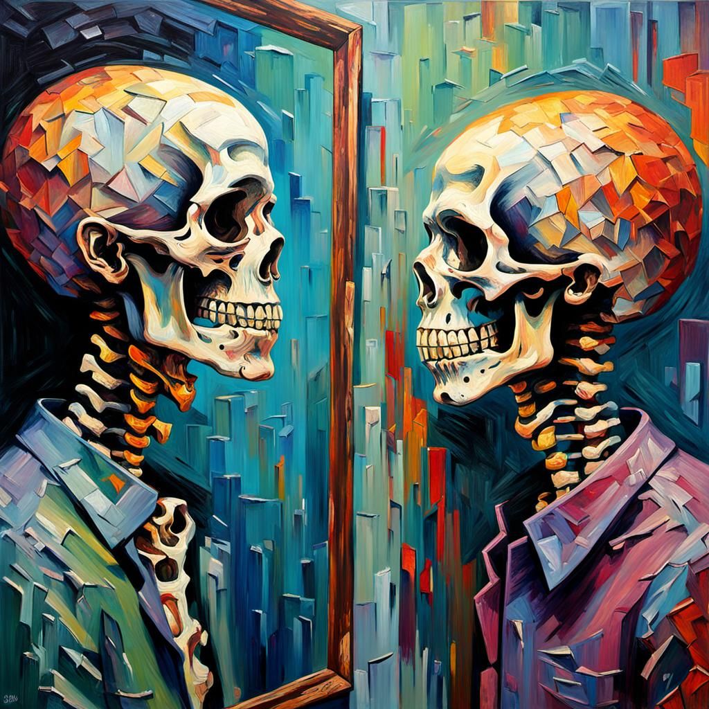 Shocking Skeleton Reflection as Expressionist Oil Painting