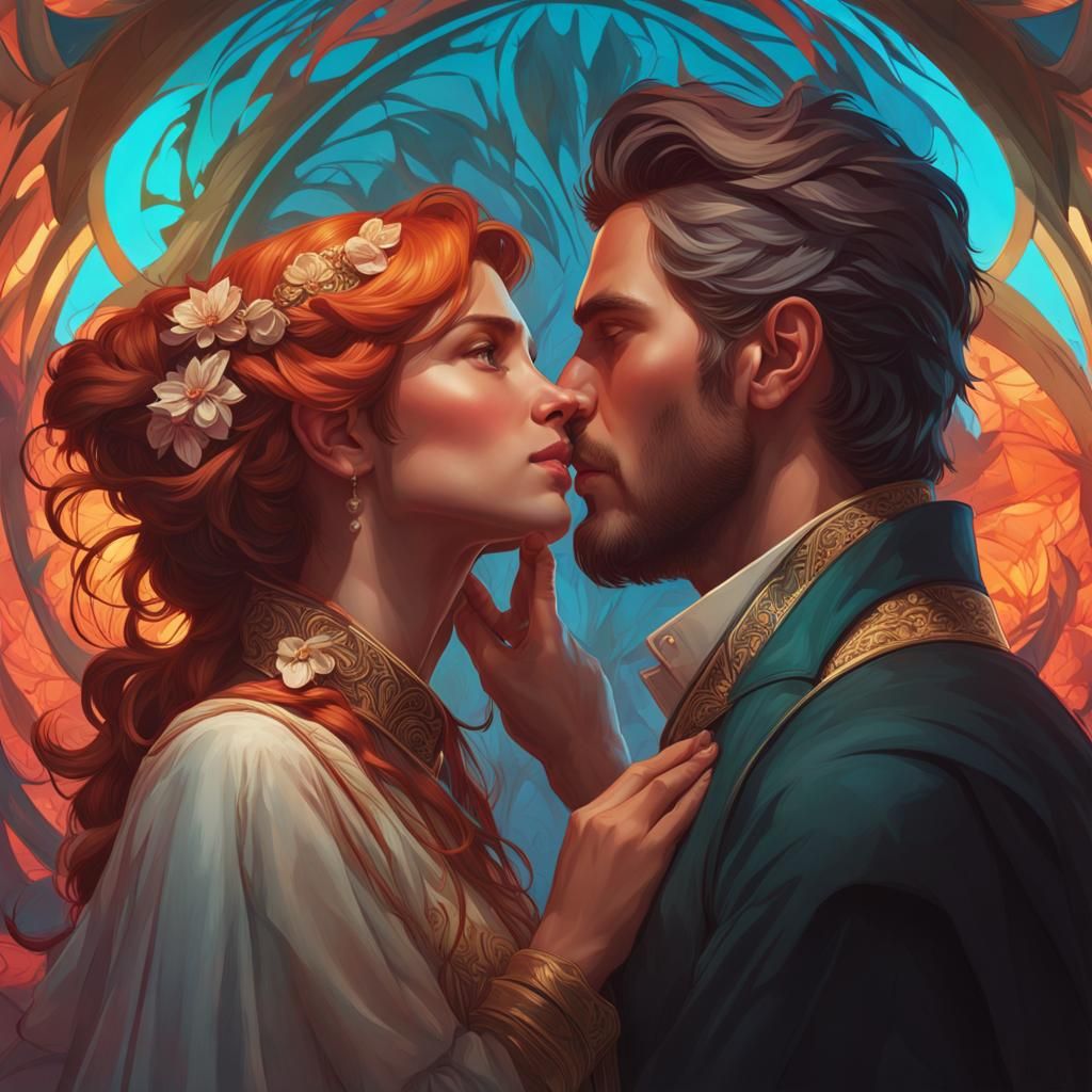 Passionate Embrace: Hyperdetailed Portrait in Art Nouveau St...