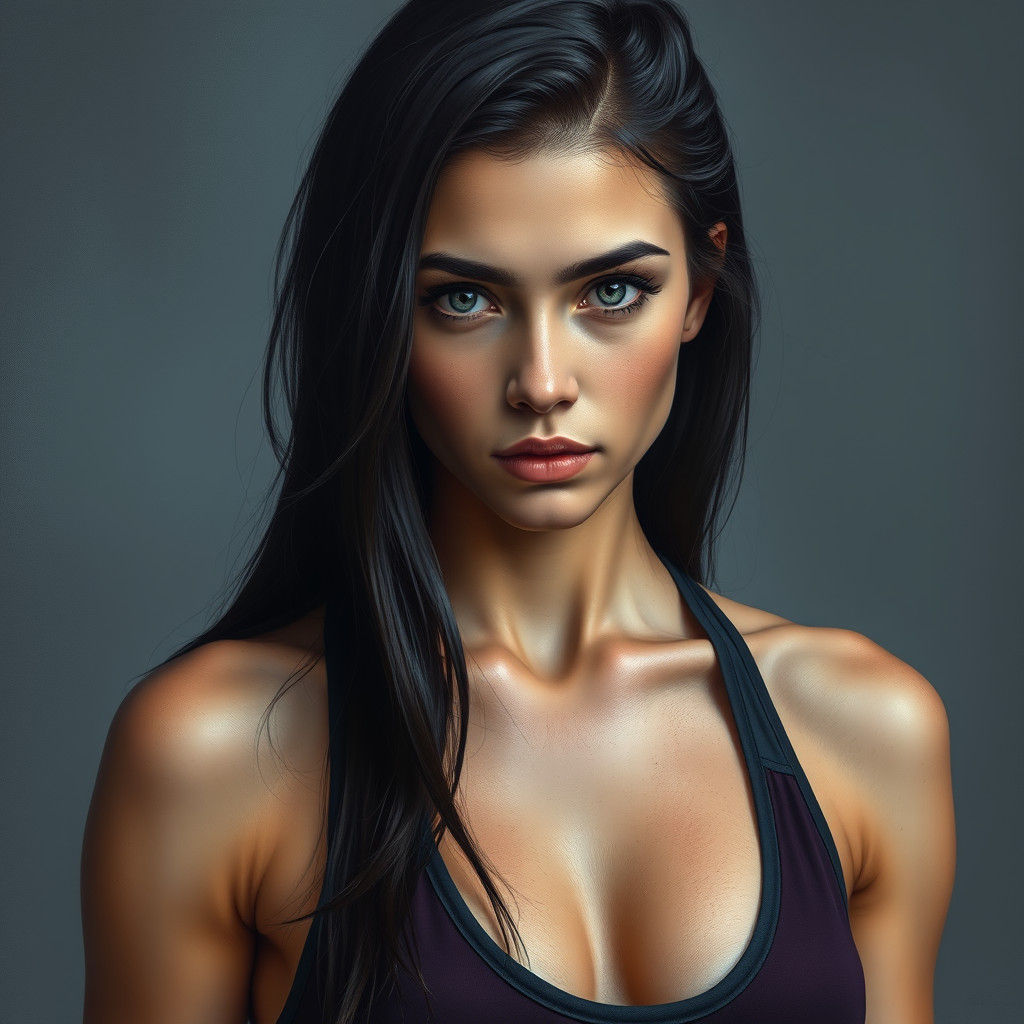 Hyperrealistic Portrait of Athletic Woman with Grey Eyes