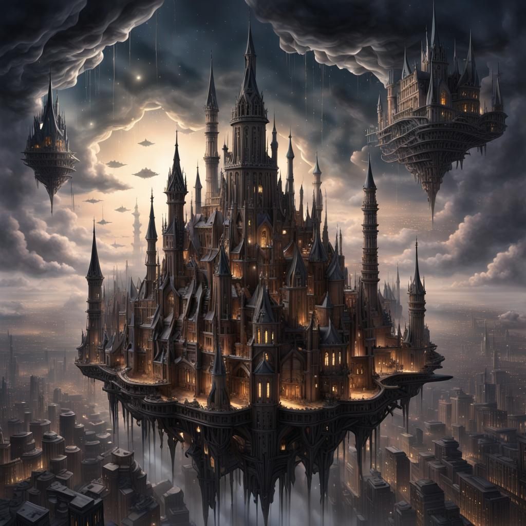 Gothic Floating City with Surreal Architecture
