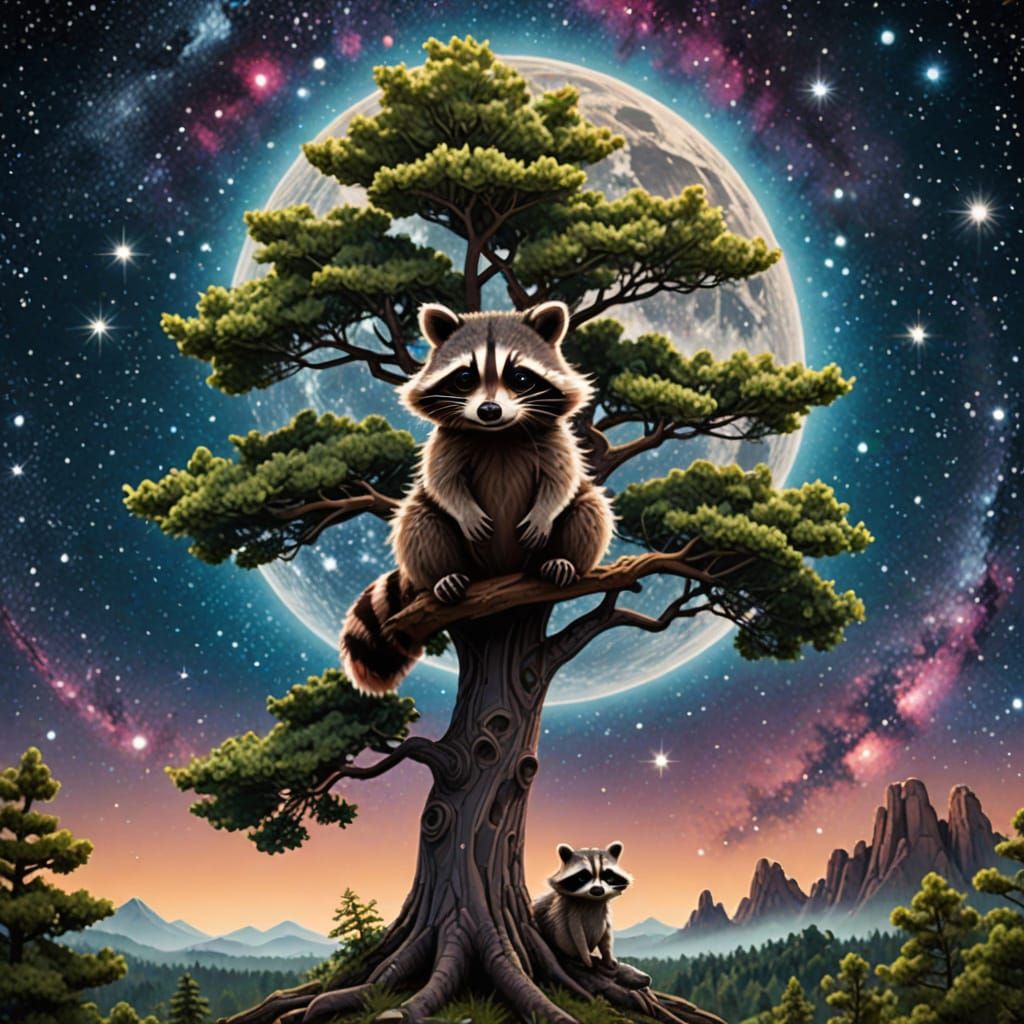 Tree and Raccoon Embark on Cosmic Odyssey