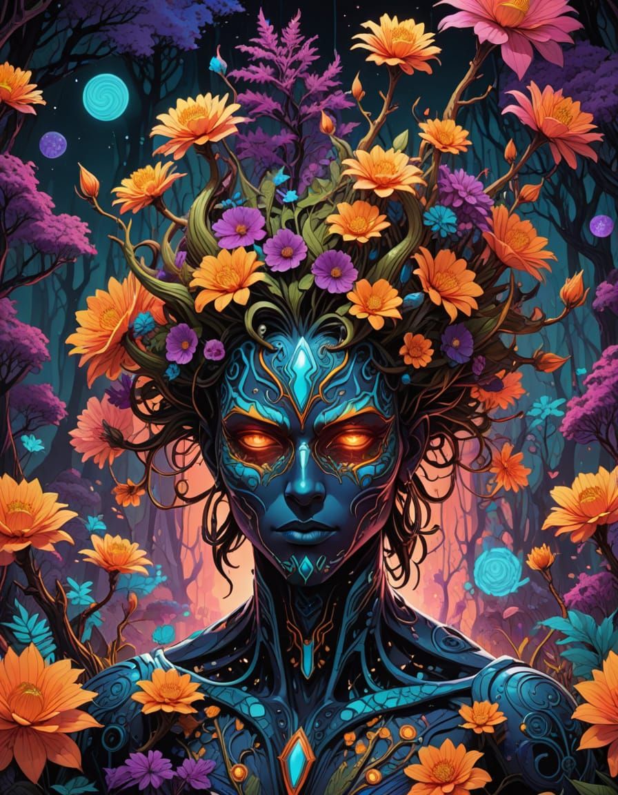 Vibrant Fantasy Forest with Glowing Flowers and Intricate Ge...