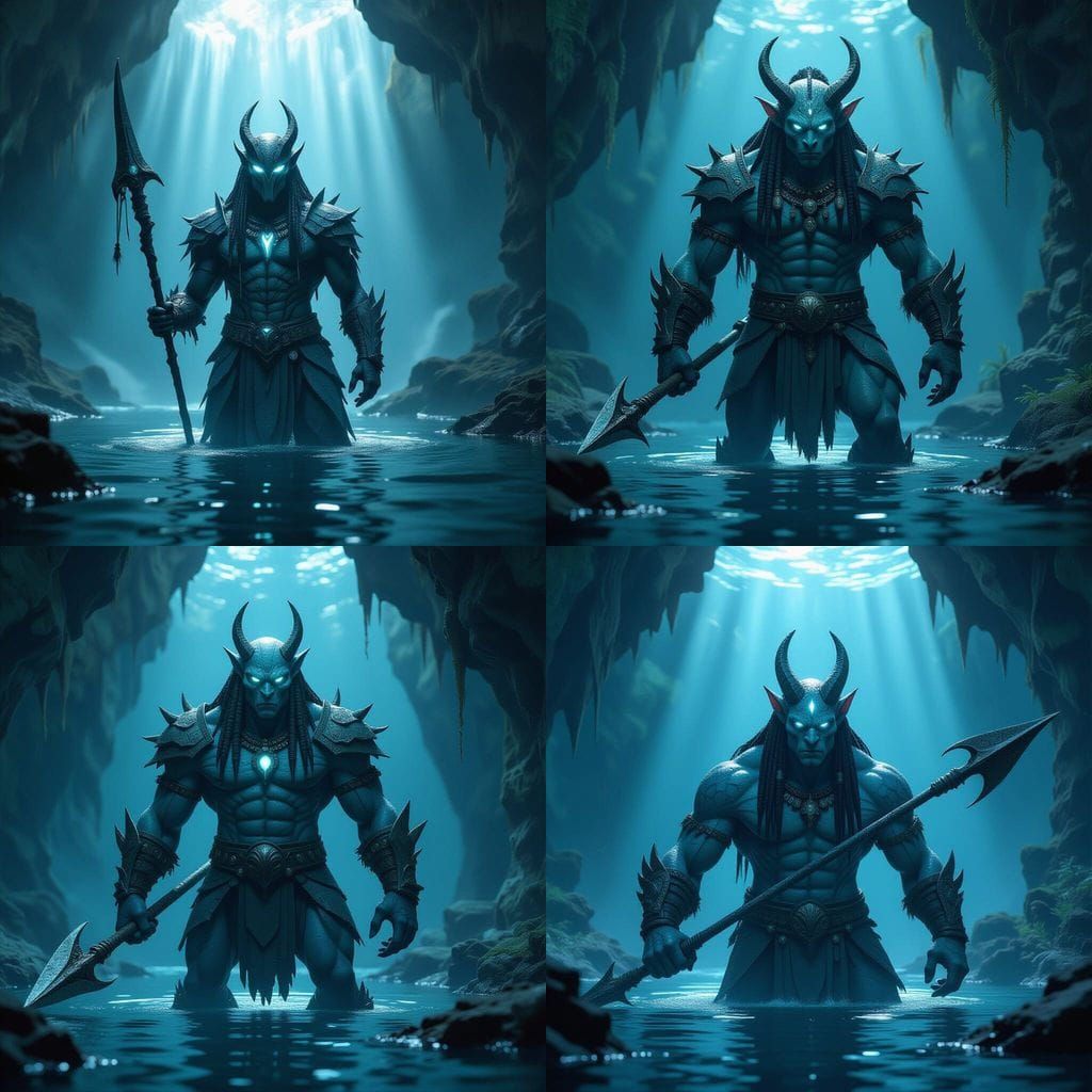 Abysskin Warrior Emerges from Black Lake: 3D Digital Art