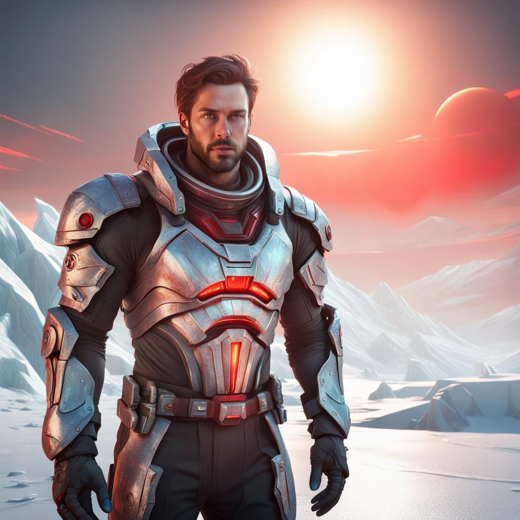 Astronaut on Ice Planet with Red Sun