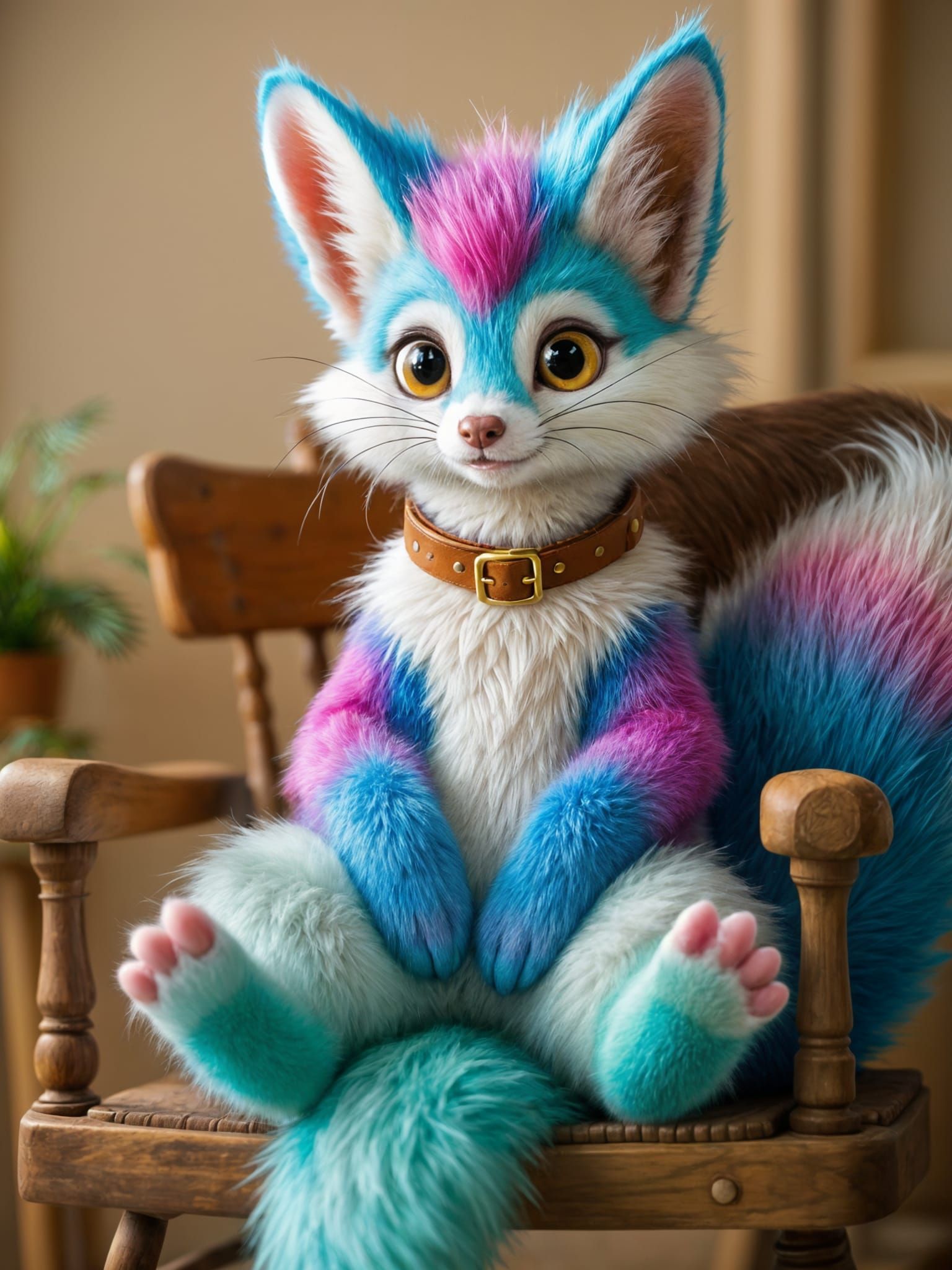 Cute Hybrid Fox-Ferret Fursuit Sitting on Chair