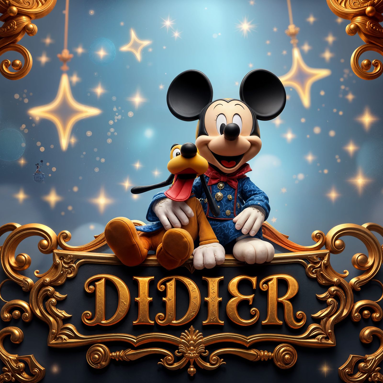 A 3D render of Mickey Mouse and Pluto sitting on a golden-framed plaque with the name "DIDIER" in bold, Dutch letters. M...
