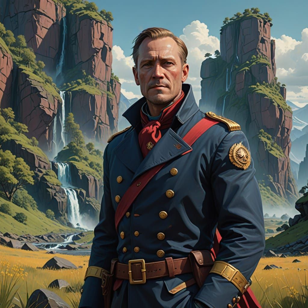 Dignified Cavalry Officer in Majestic Landscape