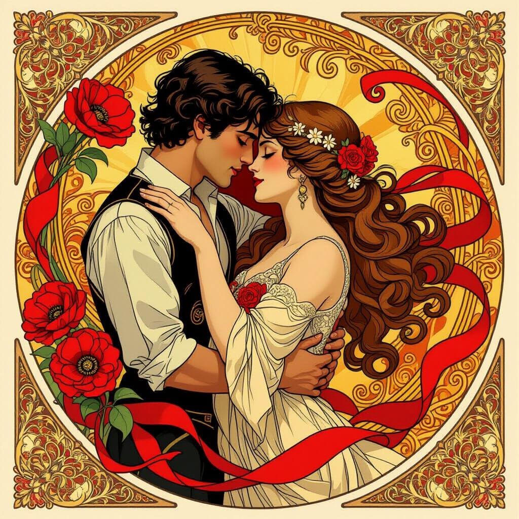 Sensual Art Nouveau Portrait of Lovers in Embrace