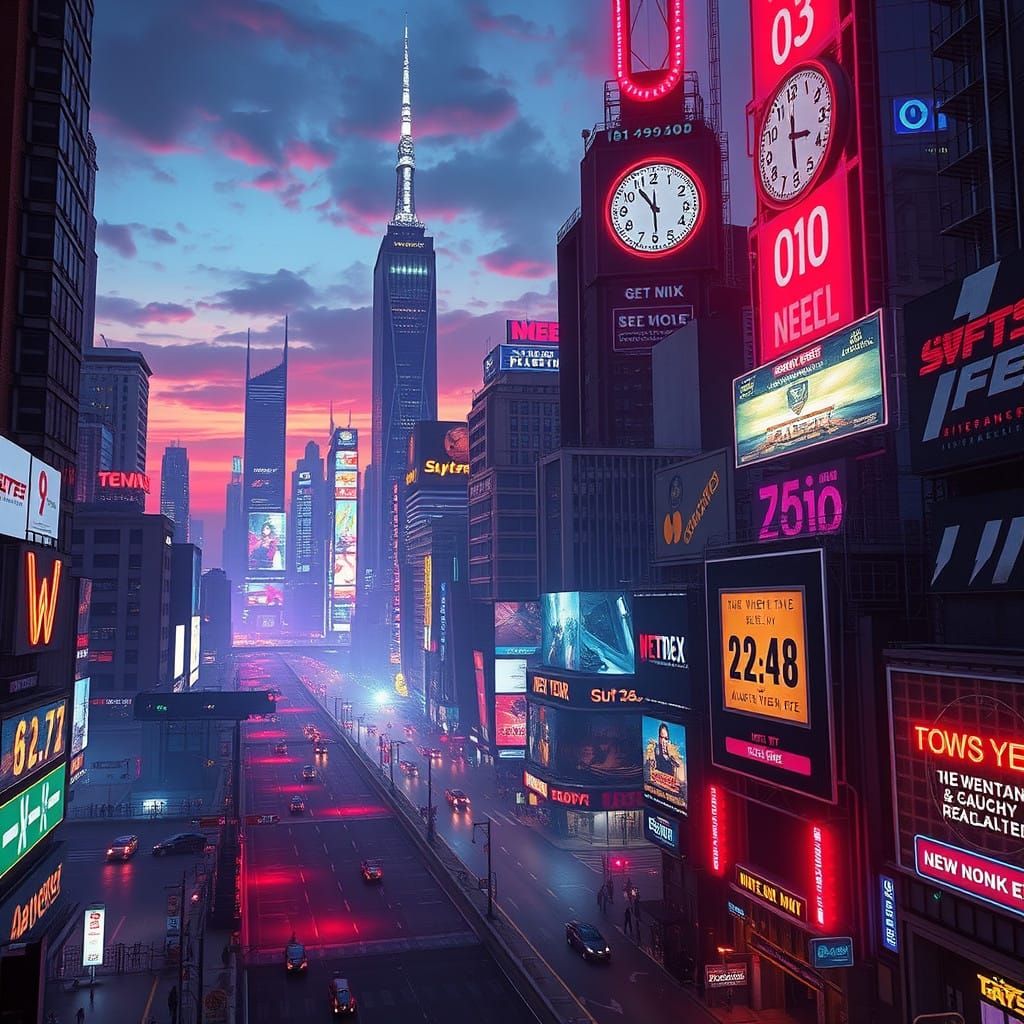 Cyberpunk Cityscape at Dusk: Vibrant Neon Countdown to New Y...