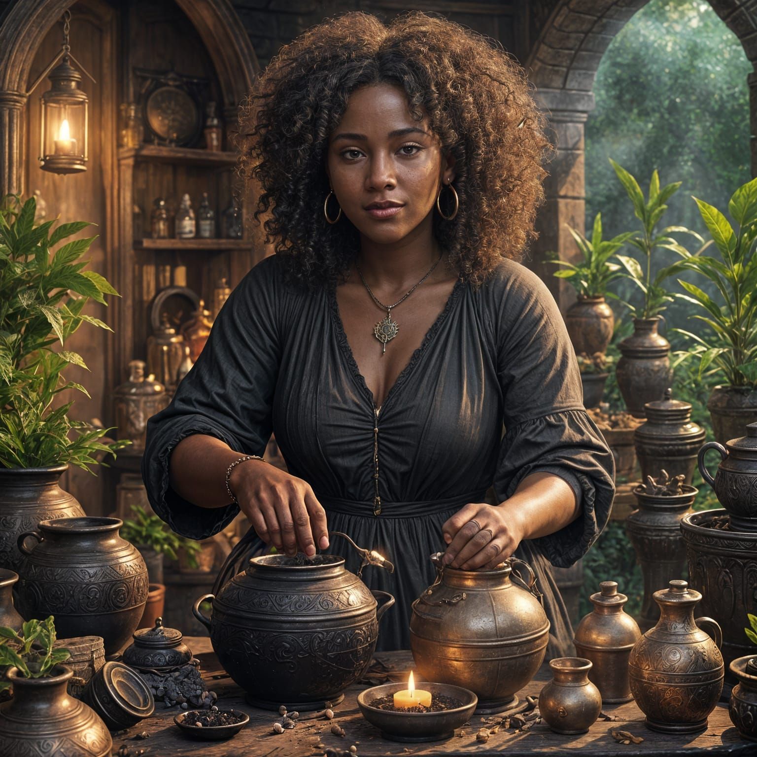 Caribbean Woman Mixing Herbal Potions, Digital Art