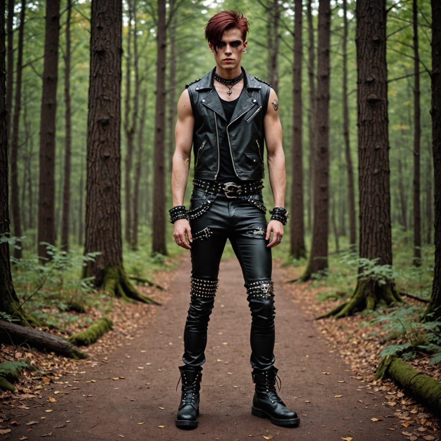 Emo Guy in Autumn Forest with Leather Pants