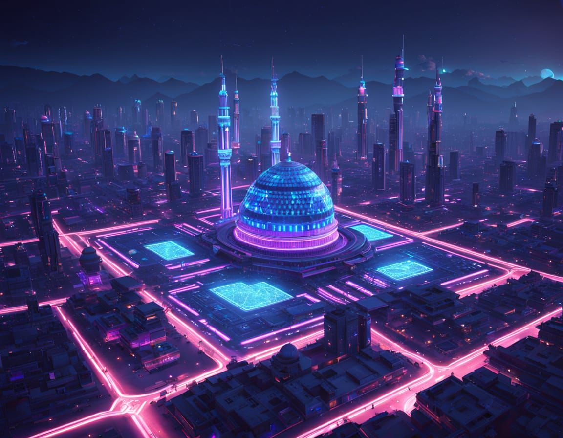 Futuristic Cityscape with Islamic Art and Neon Lights