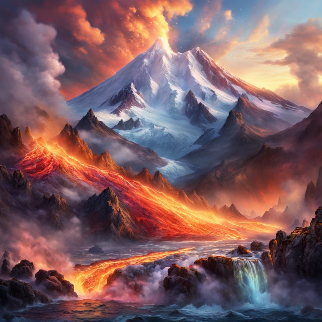 Volcano and Glacier Meet in Vibrant Digital Art