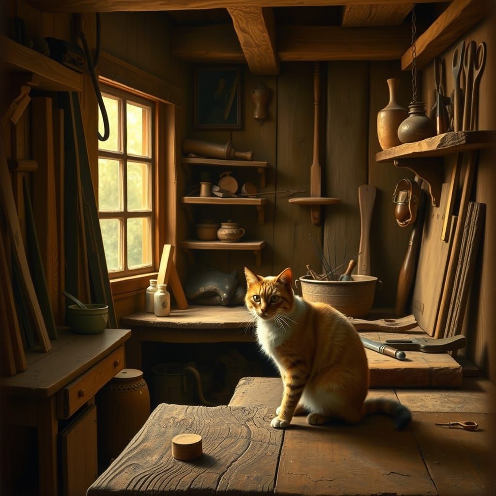 Cat in Carpentry Workshop in Classical Art Style