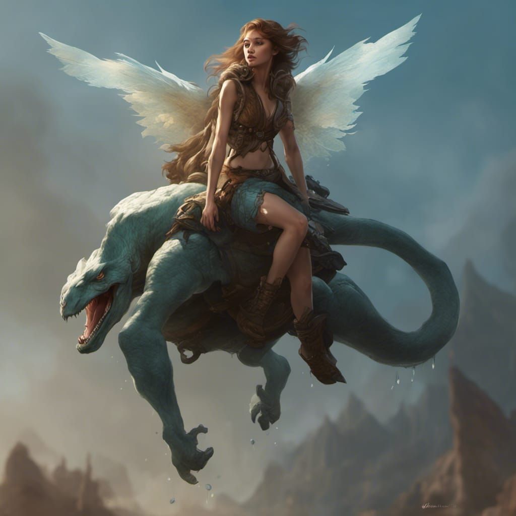 Angel rides a dino-man like a bucking horse.