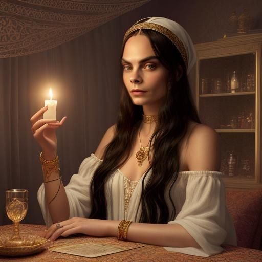 Fortune Teller in Room with Crystal Ball: Digital Painting