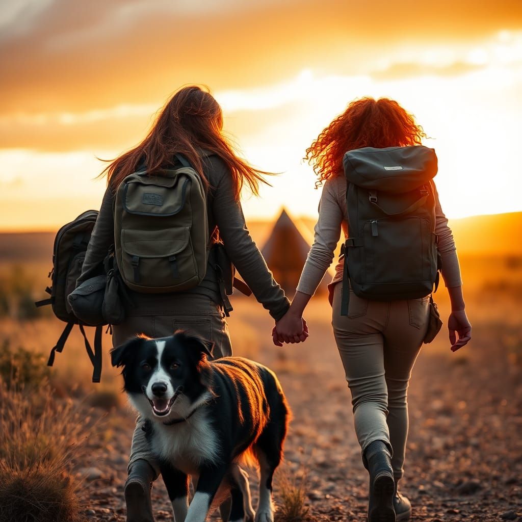 Mother and Daughter Hiking in Australian Outback Sunset