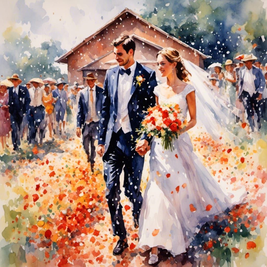 Wedding couple leaving church