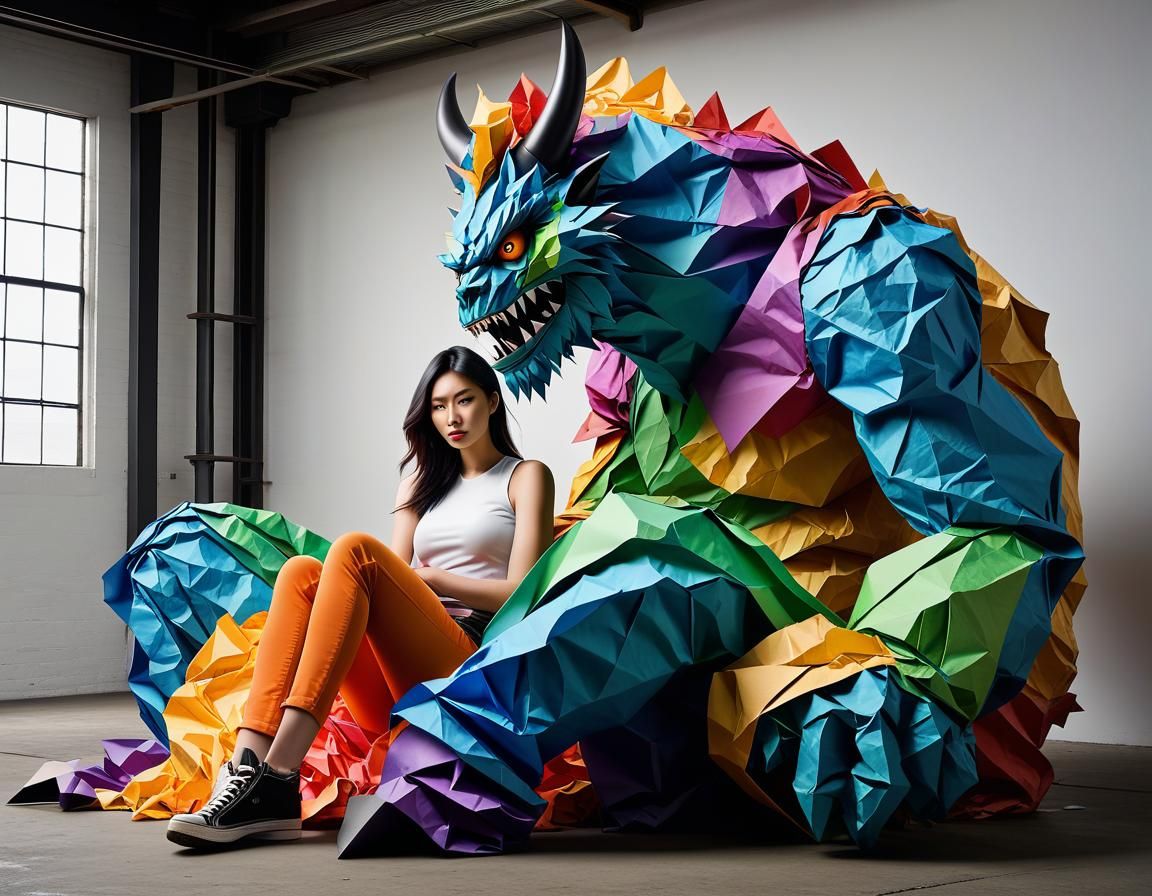 Girl with Colorful Crumpled Paper Monster