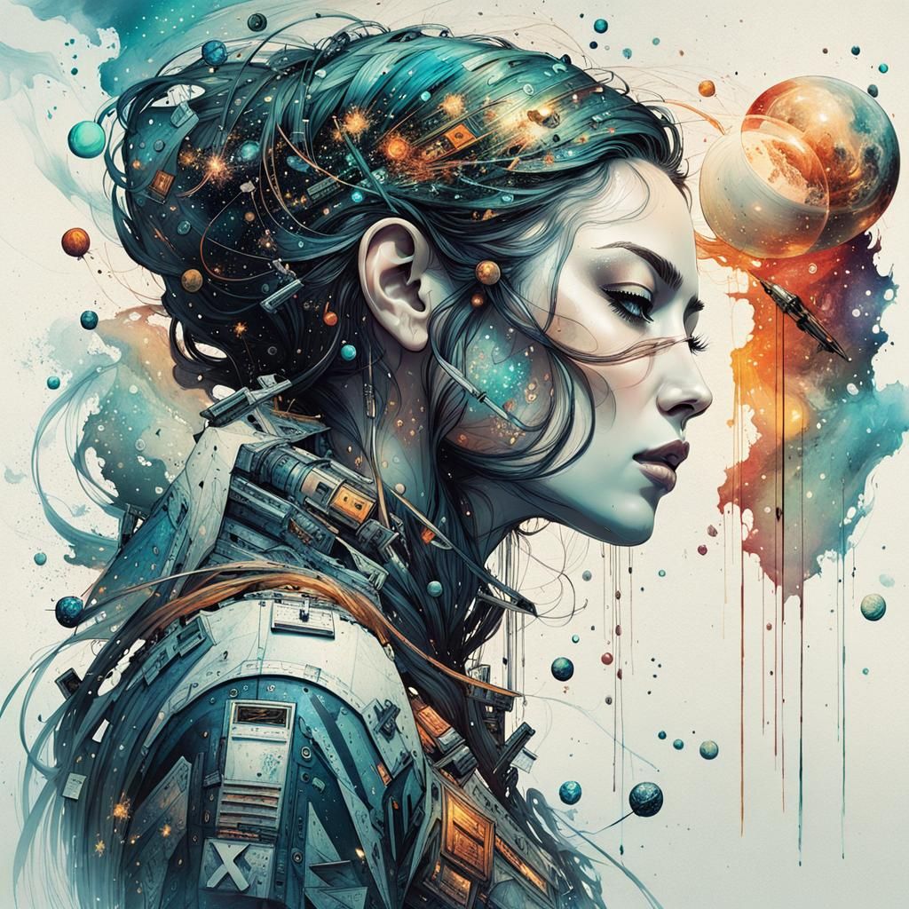 Woman Floating in Space with Ink Flow Details