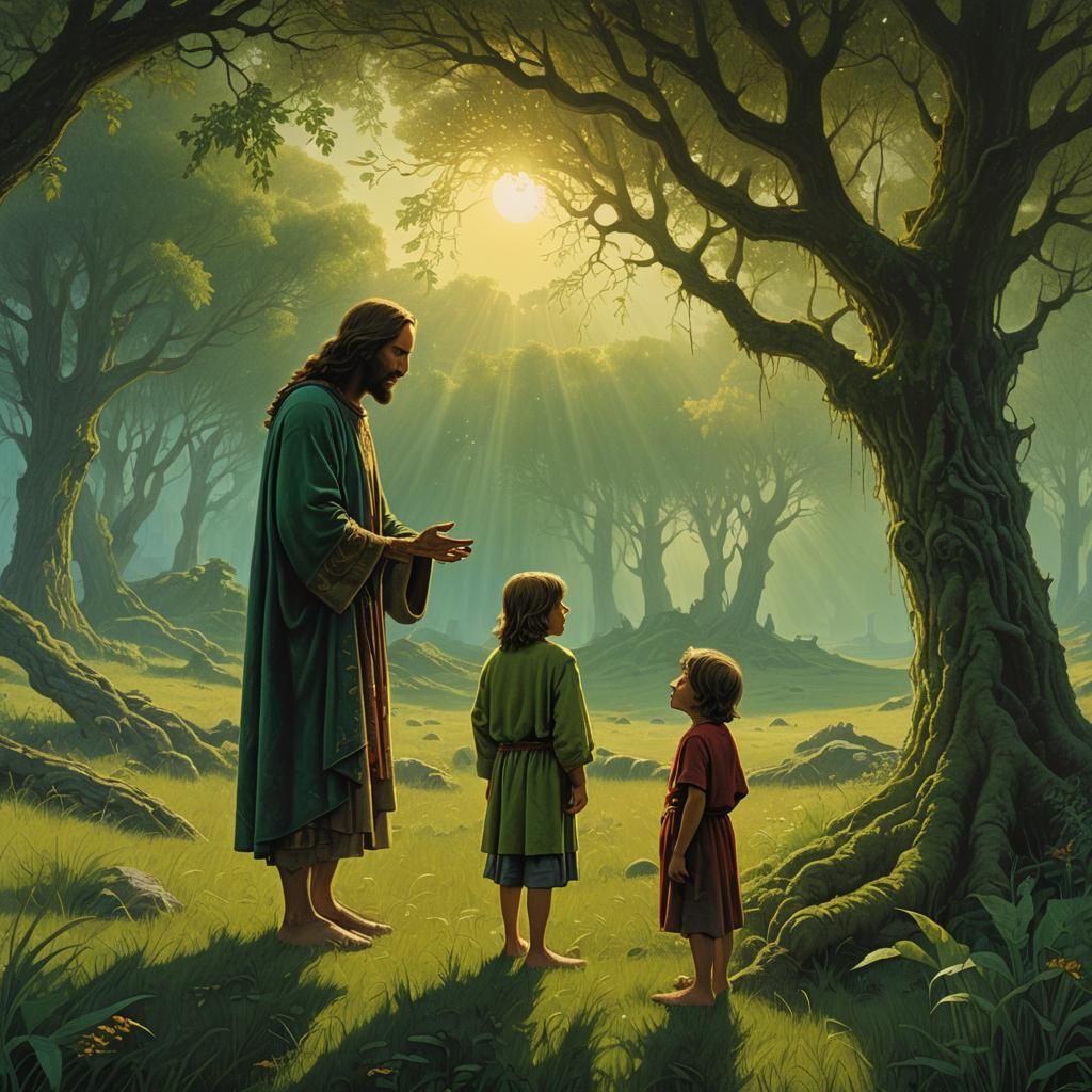 Jesus and Child in Meadow Fantasy Art