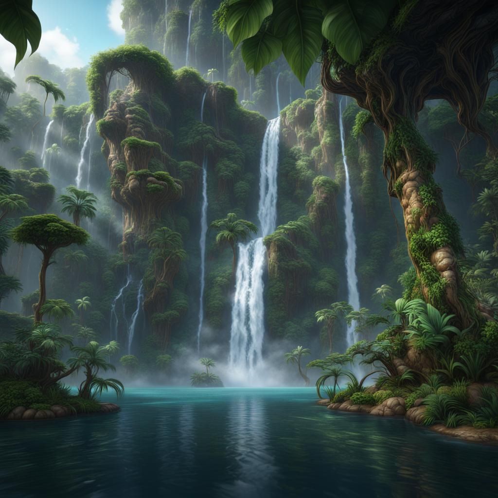 Lush Jungle Waterfall with Birds, Detailed Digital Painting