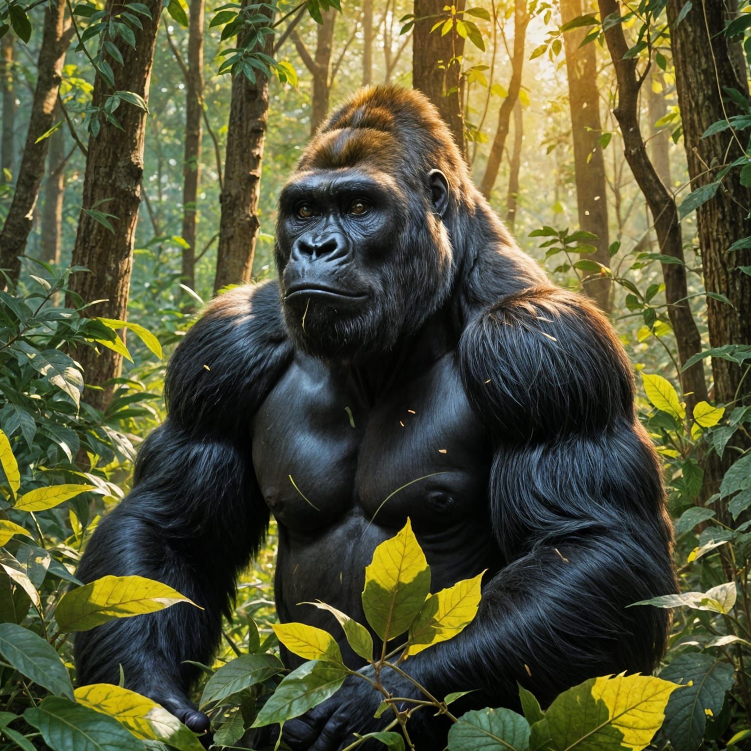 Silverback Gorilla Eats Leaves in Lush Eco-Friendly Forest