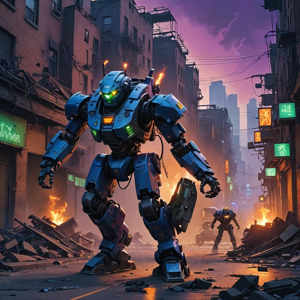 Combat Robot Battles in Ruined Cityscape