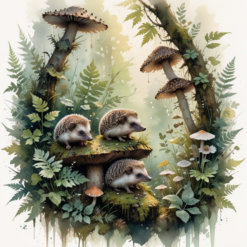 Hedgehogs Frolic in Dew-Kissed Mushroom Glade