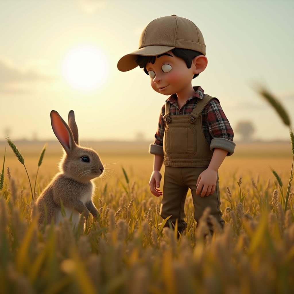 Farmer Finds Injured Rabbit in Wheat Field, 3D Rendered