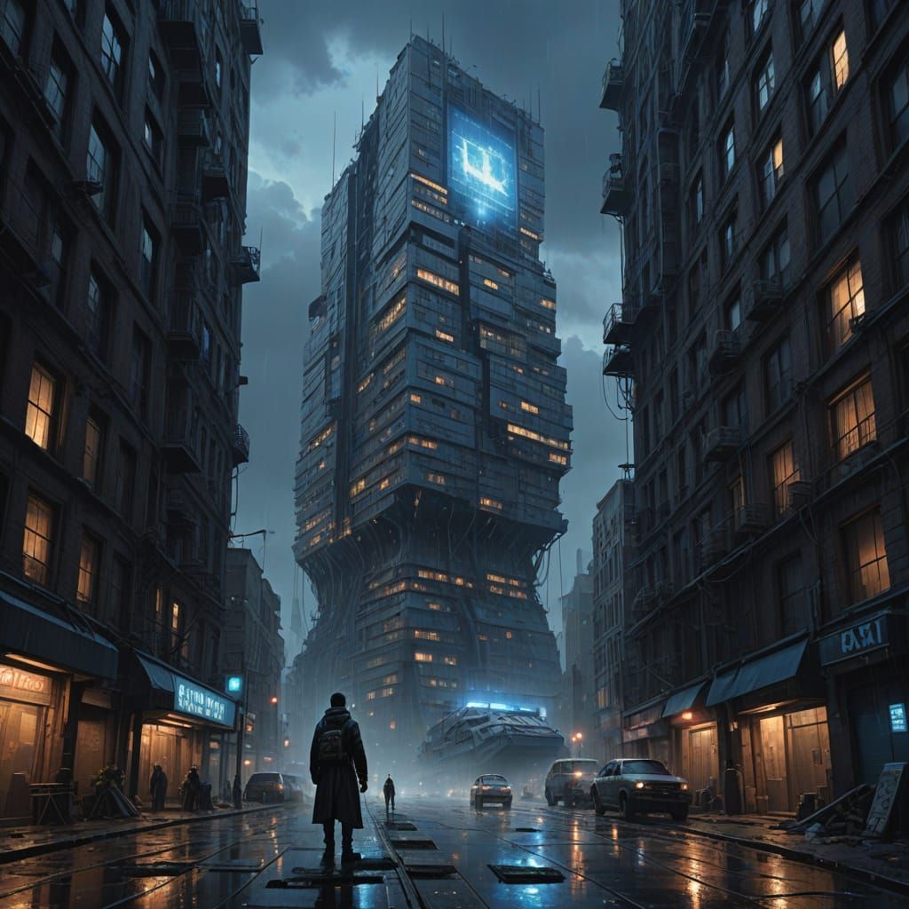 Sinking Ship Skyscraper of Glowing Screens