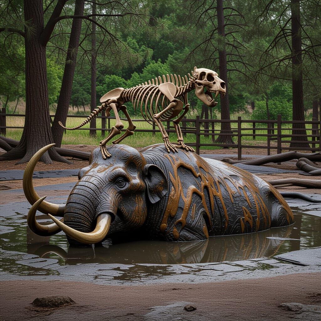 Smilodon and Mastodon in La Brea Tar Pits