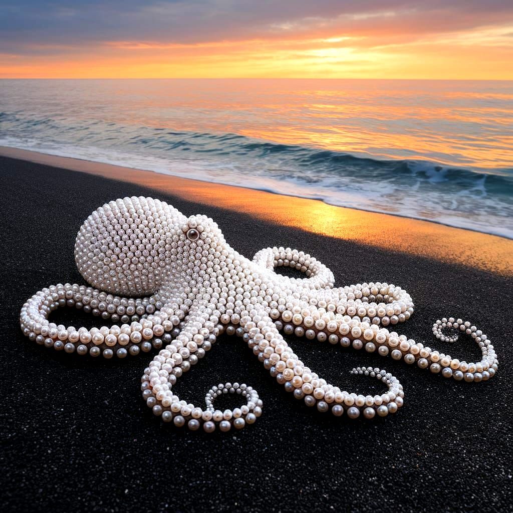 Pearl Octopus On A Black Sand Beach