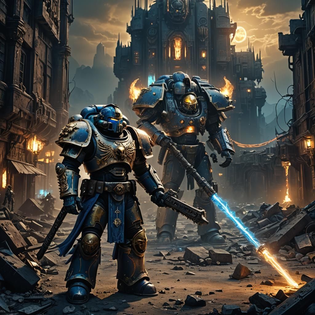 Armored Space Marine King in Apocalyptic Cityscape