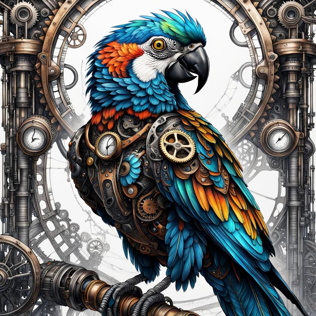 Steampunk Macaw Bird: Detailed Ink Drawing