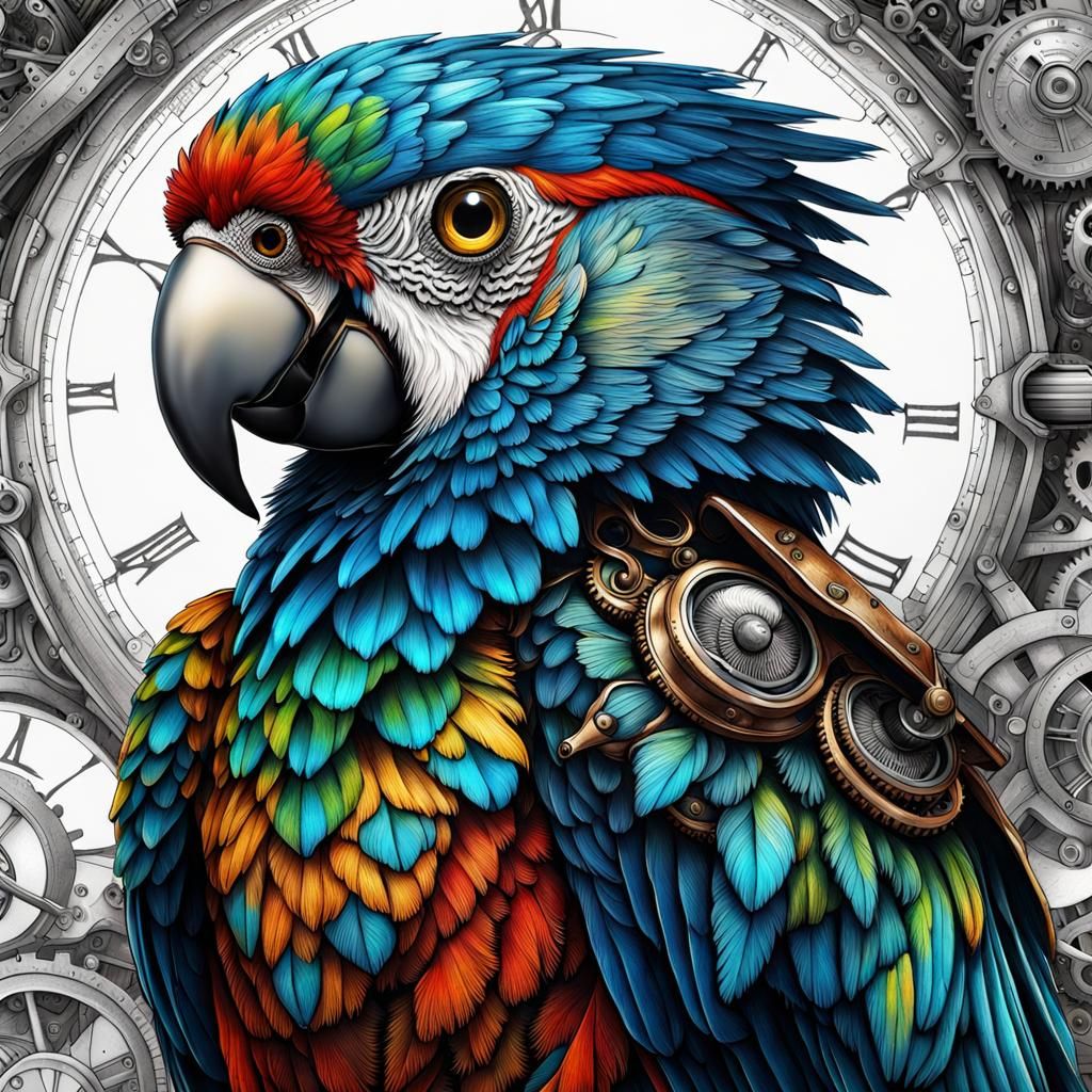 Steampunk Macaw: Detailed Ink Drawing in 8K