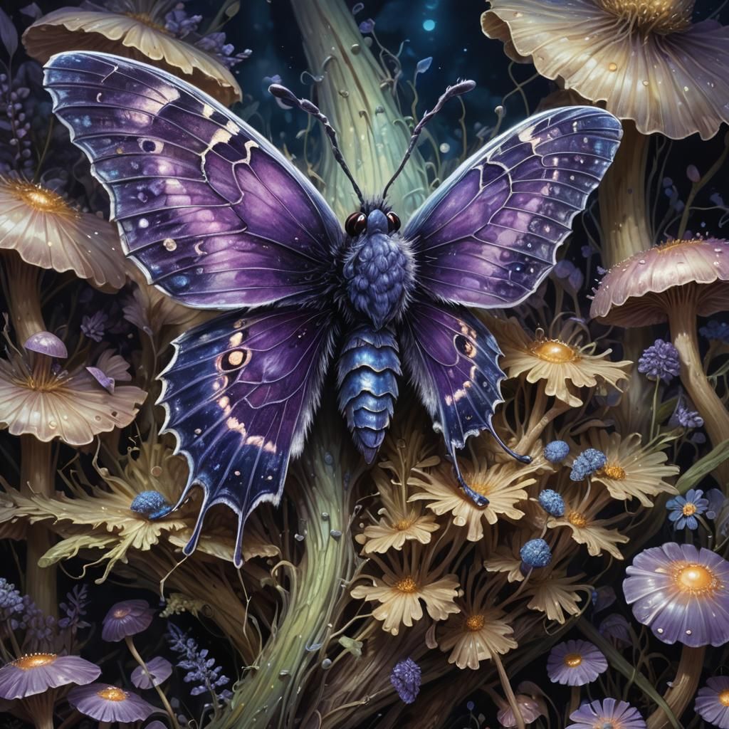 Violet Moth on Glowing Mushroom, Oil Painting Style