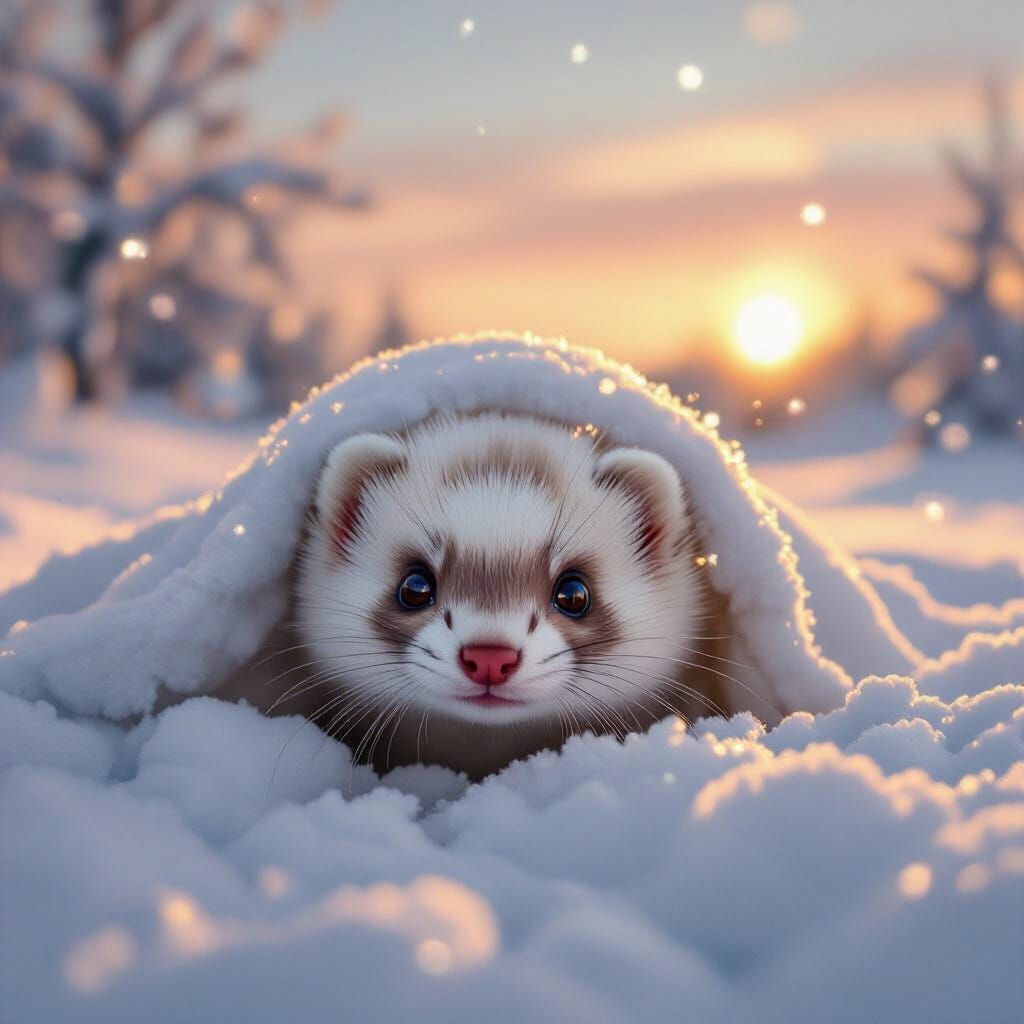 Cute Snow Ferret Peeking From Winter Dawn Snow