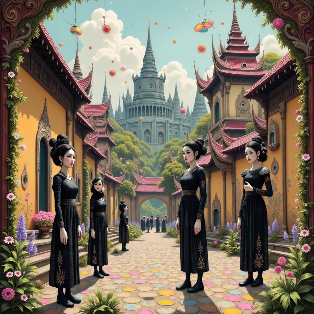 Women in Black at Thai Temple, Vibrant Art Style