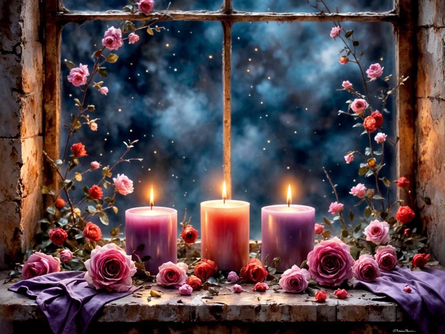 Soft Glow of Candles in a Lavender Hued Night Scene
