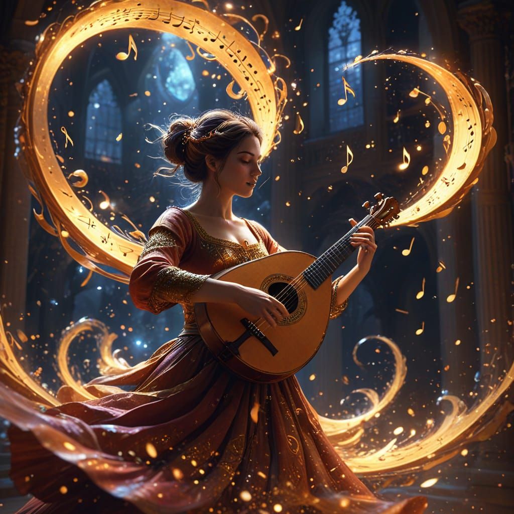 Lute Player Soars Through Air Releasing Luminous Symphonies
