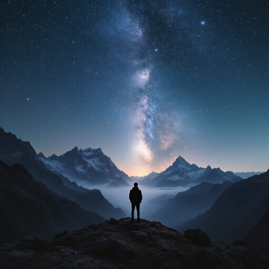 Man Gazing at Starry Night Sky in Cinematic Style
