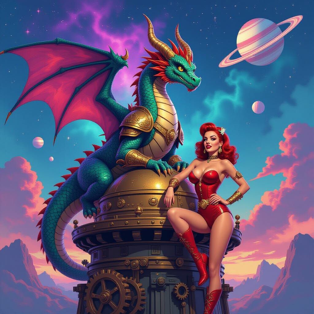 Dragon on Steampunk Observatory with Pinup Model