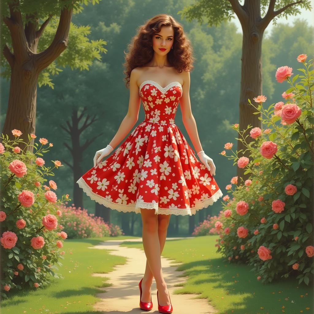 Vintage Pin-Up Girl in Lush Floral Garden
