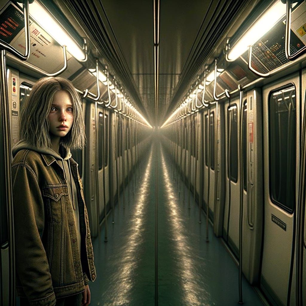 Surreal Subway Scene: Teenager in Endless Train