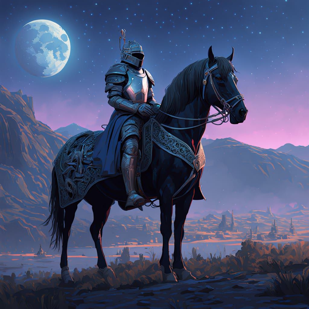 Ethereal Black Knight Under Starry Night Sky