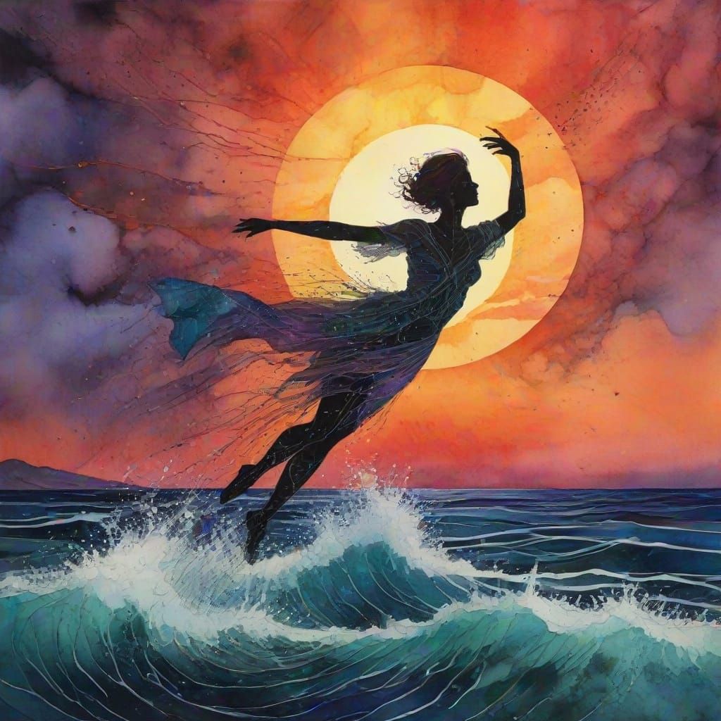 Geometric Sunset Seascape with Falling Figure