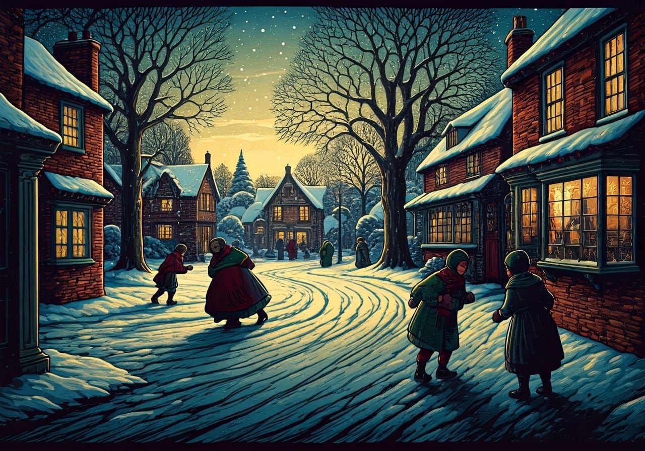 Warm Winter Woodcut Scene of Christmas Magic
