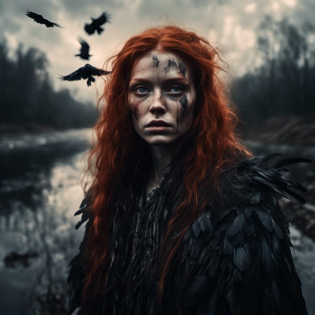Hyperrealistic Druid Girl Portrait Turning Into Raven